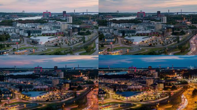 哥德堡从白天到夜晚的城市天际线日落，延时潘右