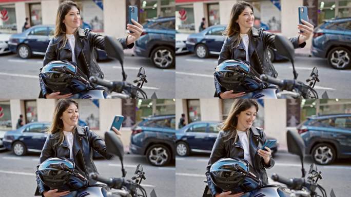 年轻的金发女郎坐在街上的摩托车上用智能手机自拍