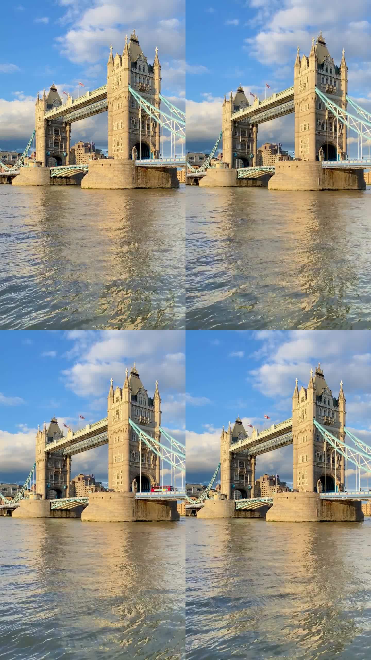 伦敦塔桥反映在泰晤士河垂直视频