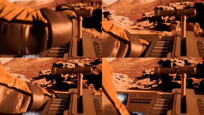 火星表面探测。宇航员驾驶着一辆带有未来控制屏幕的摇晃的火星探测器在崎岖的地形上行驶