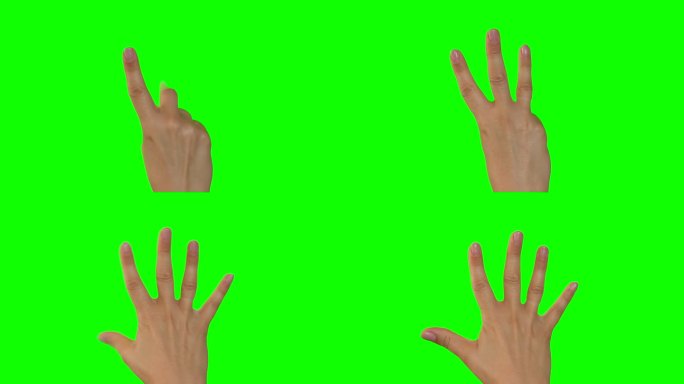 女性手掌侧的手在色度键背景上数到五。关闭了。女性手势计数孤立在绿屏上，4K镜头。数字计算。用手指从1