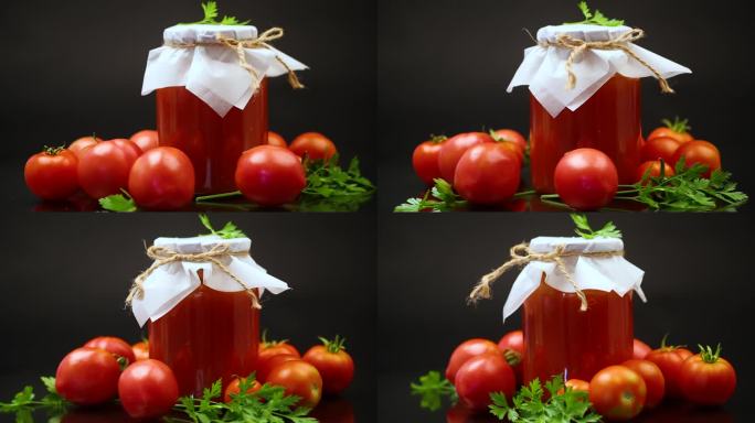 煮熟的自制番茄汁，装在天然番茄罐中。