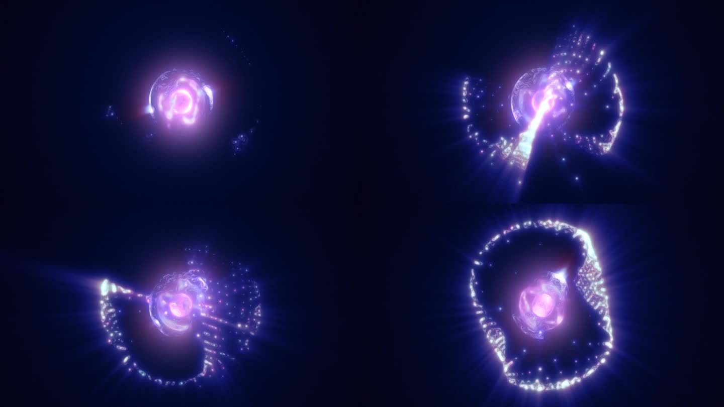 抽象的紫色能量球与飞行发光明亮的粒子，科学的未来主义原子与电子高科技背景