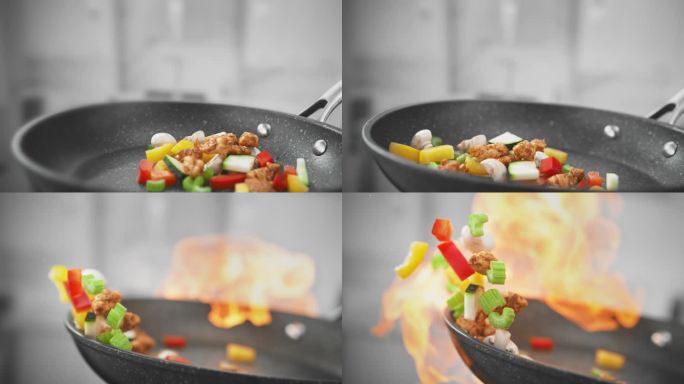 用慢动作慢火炒菜时，用鸡、蘑菇和蔬菜炒亚洲菜