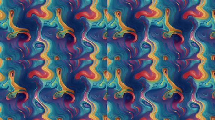 彩色抽象液体大理石纹理，流体艺术。非常漂亮的抽象蓝红色设计漩涡背景视频。三维动画