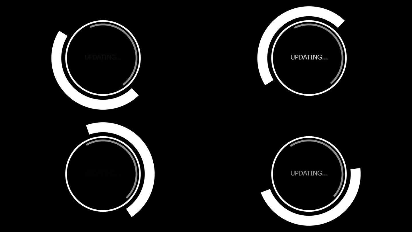 旋转的圆圈和半圆闪烁的铭文更新。软件程序更新在一个圆圈在黑色的背景。60 fps 3D动画