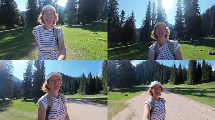 一位兴高采烈的女游客正在用视频记录她的山林自驾游。自拍的观点