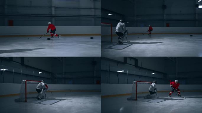 一段高强度的视频显示，一名身穿红色运动衫的冰球运动员在黑暗的冰场上训练，轻松得分