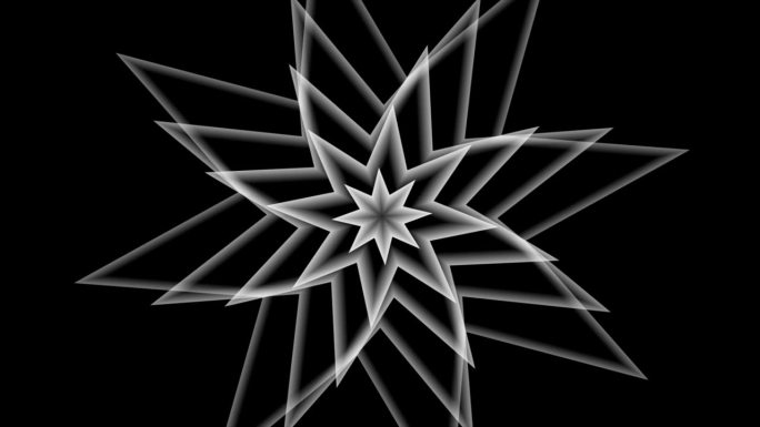 无限生成星多边形花。万花筒星图案无尽的花朵模拟星爆库存动画素材在黑白叠加多用途。4K素材。