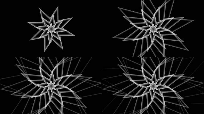 无限生成星多边形花。万花筒星图案无尽的花朵模拟星爆库存动画素材在黑白叠加多用途。4K素材。