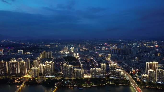 福建漳州城市夕阳晚霞夜幕降临夜景灯光航拍