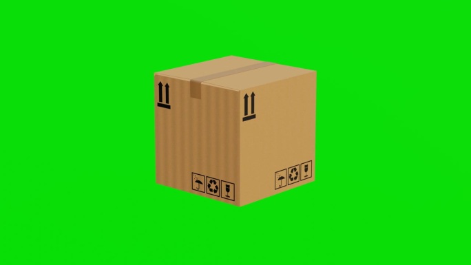 3D单货箱旋转绿屏或色度键。3D包裹箱动画。运输和物流箱。包裹。电子商务的概念。纸板箱发货。三维动画