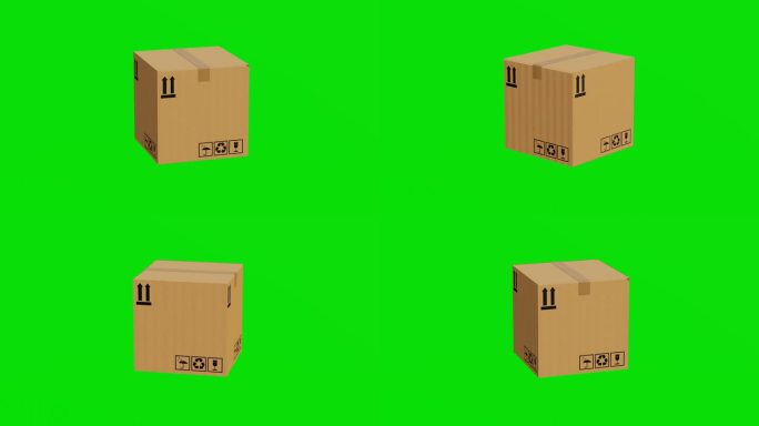 3D单货箱旋转绿屏或色度键。3D包裹箱动画。运输和物流箱。包裹。电子商务的概念。纸板箱发货。三维动画