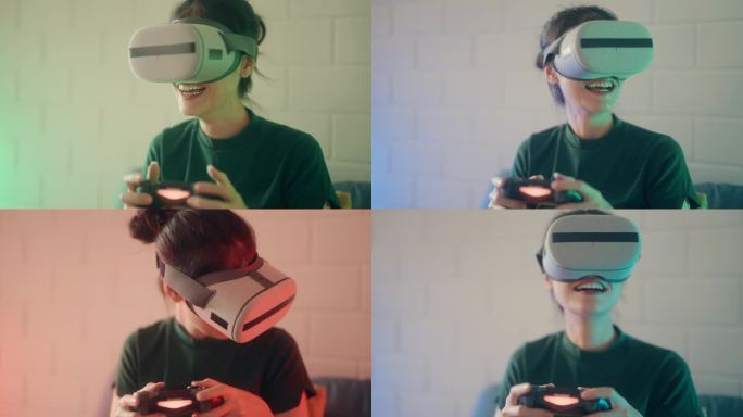 迷人的室内游戏:美丽的女人享受VR 360视频游戏。