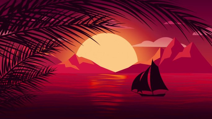 日落时游艇的海景，无缝循环播放4K动画