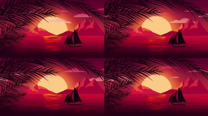 日落时游艇的海景，无缝循环播放4K动画