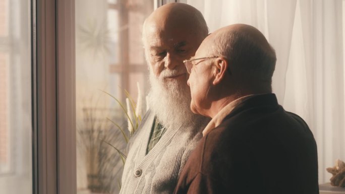 两个老人看着窗外聊天，回忆着青春，美好的时光