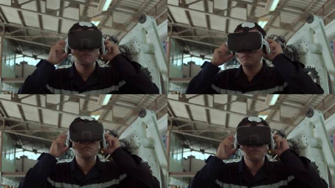 工业工程师戴上虚拟现实头戴式耳机的肖像，在工业机械中工作以提高生产率