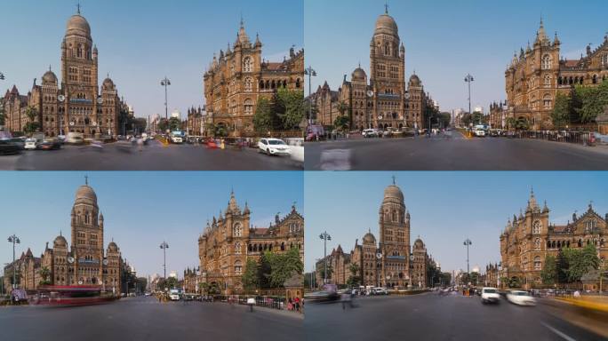 历史地标Chhatrapati Shivaji终点站前的交通延时视图，又名维多利亚站在孟买，印度，缩