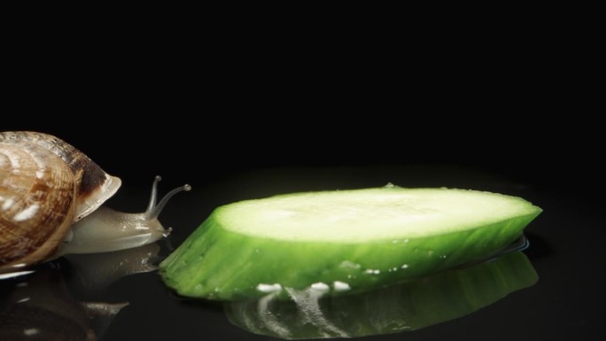 一只蜗牛爬到一片黑色背景的黄瓜上。加速特写拍摄。