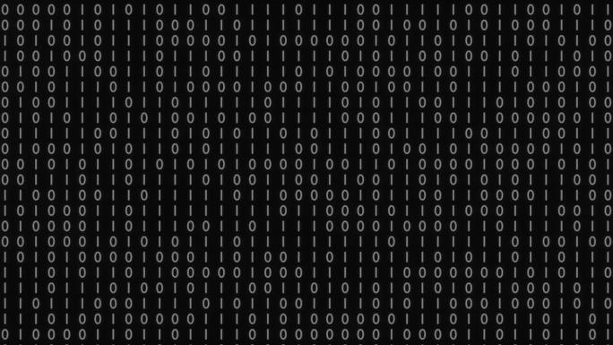 二进制代码黑色和白色背景与数字移动在屏幕上，数字时代的概念。算法二进制，hud接口，数据编码，解密编