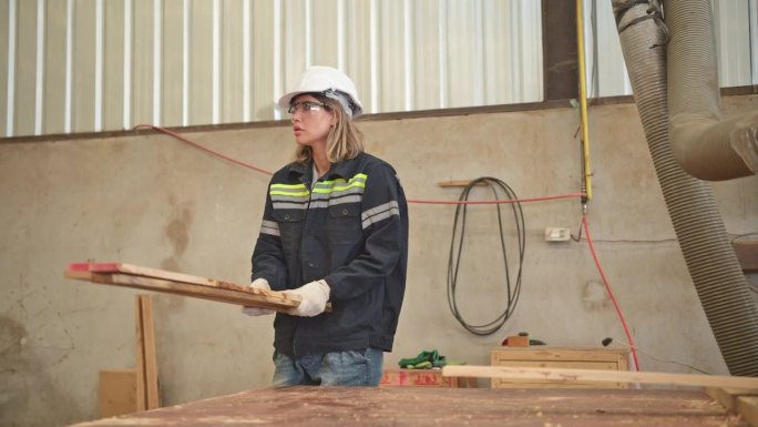 木匠在木工车间工作。她把经过磨角机的木头收集起来。