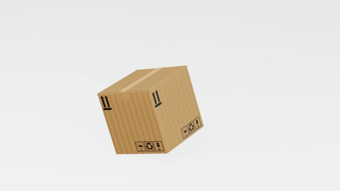 3D纸板箱落在白色背景上的动画。3D包裹盒掉落在坚实的地面上。全球航运和网上购物的概念。电子商务的概