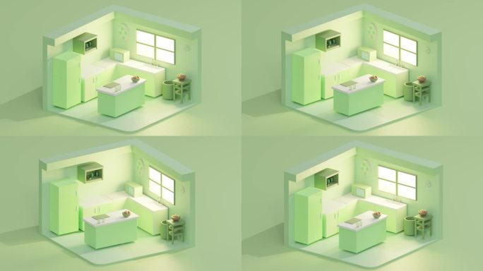 三维循环卡通低聚绿色带窗厨房。等距视图