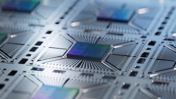 彩色反射的高级微芯片特写。晶圆厂电脑晶片制造及生产过程中附在基板上的硅模。半导体封装工艺。