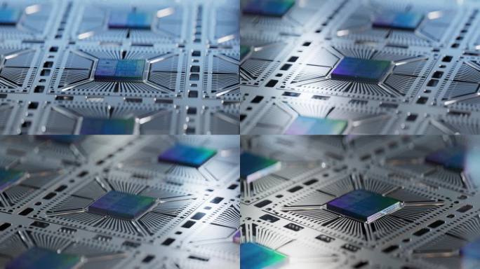 彩色反射的高级微芯片特写。晶圆厂电脑晶片制造及生产过程中附在基板上的硅模。半导体封装工艺。