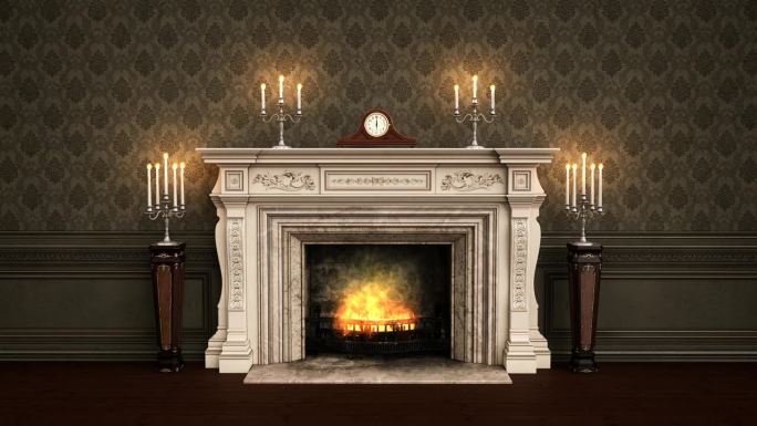 维多利亚时代的复古壁炉，壁炉架上有燃烧的火焰和蜡烛。