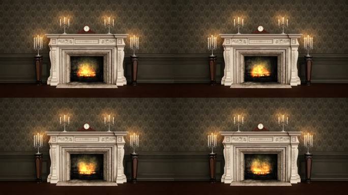 维多利亚时代的复古壁炉，壁炉架上有燃烧的火焰和蜡烛。