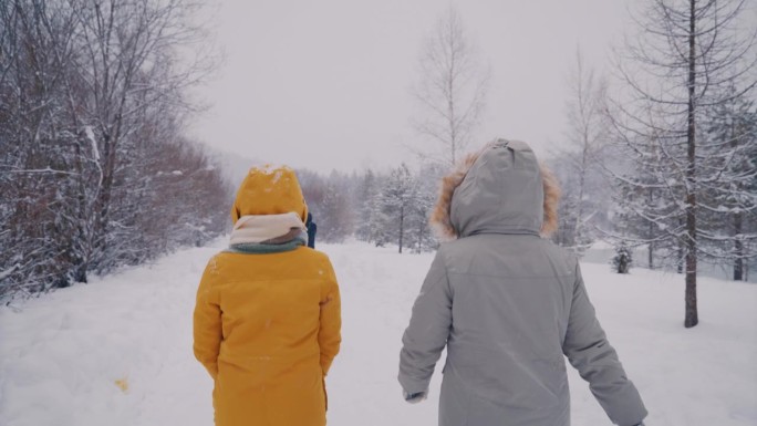 两个女人在雪景中散步