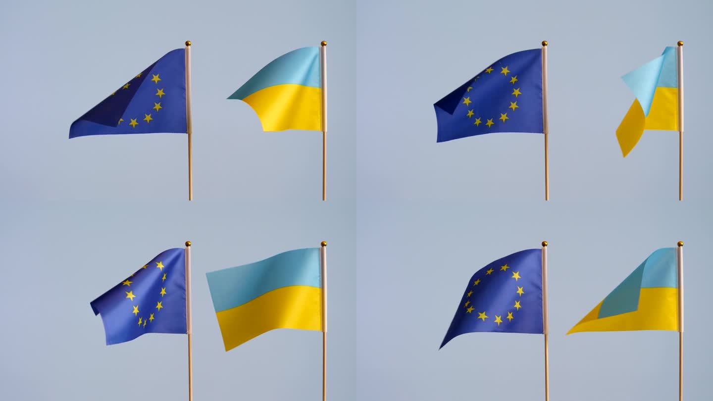 欧盟、欧盟和乌克兰两面国旗均为素色背景