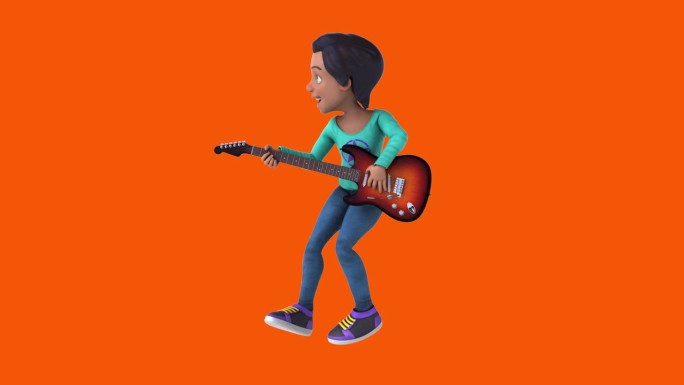 有趣的3D卡通亚洲少女弹吉他(含alpha通道)