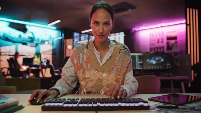 在霓虹灯的创意办公室里，一个年轻女人在键盘上打字和在台式电脑上工作的肖像。编写代码的女性软件开发人员