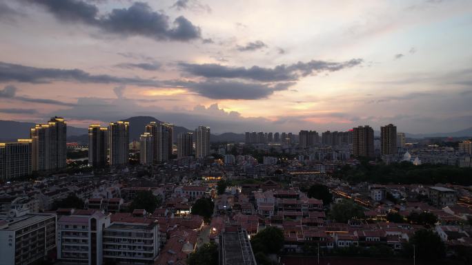 福建漳州城市夕阳晚霞夜幕降临夜景灯光航拍