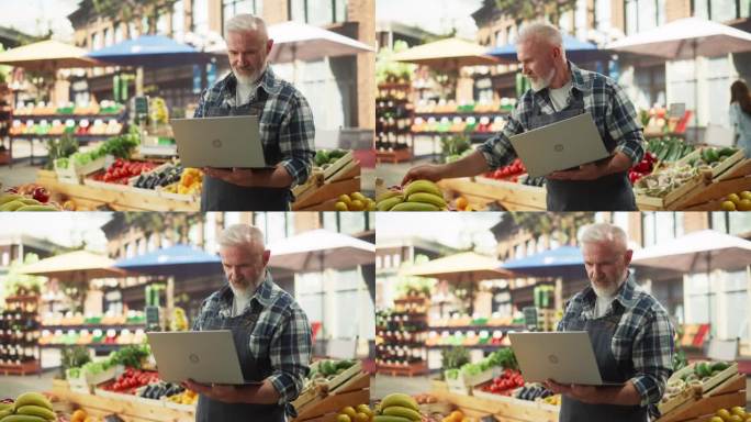 成功的成年男性农民在笔记本电脑上工作，检查在线库存清单，并为他的街头摊贩供应来自农场市场的可持续水果