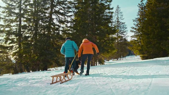男人拉着雪橇爬上雪坡，而他的妻子在雪地里和一只狗玩耍