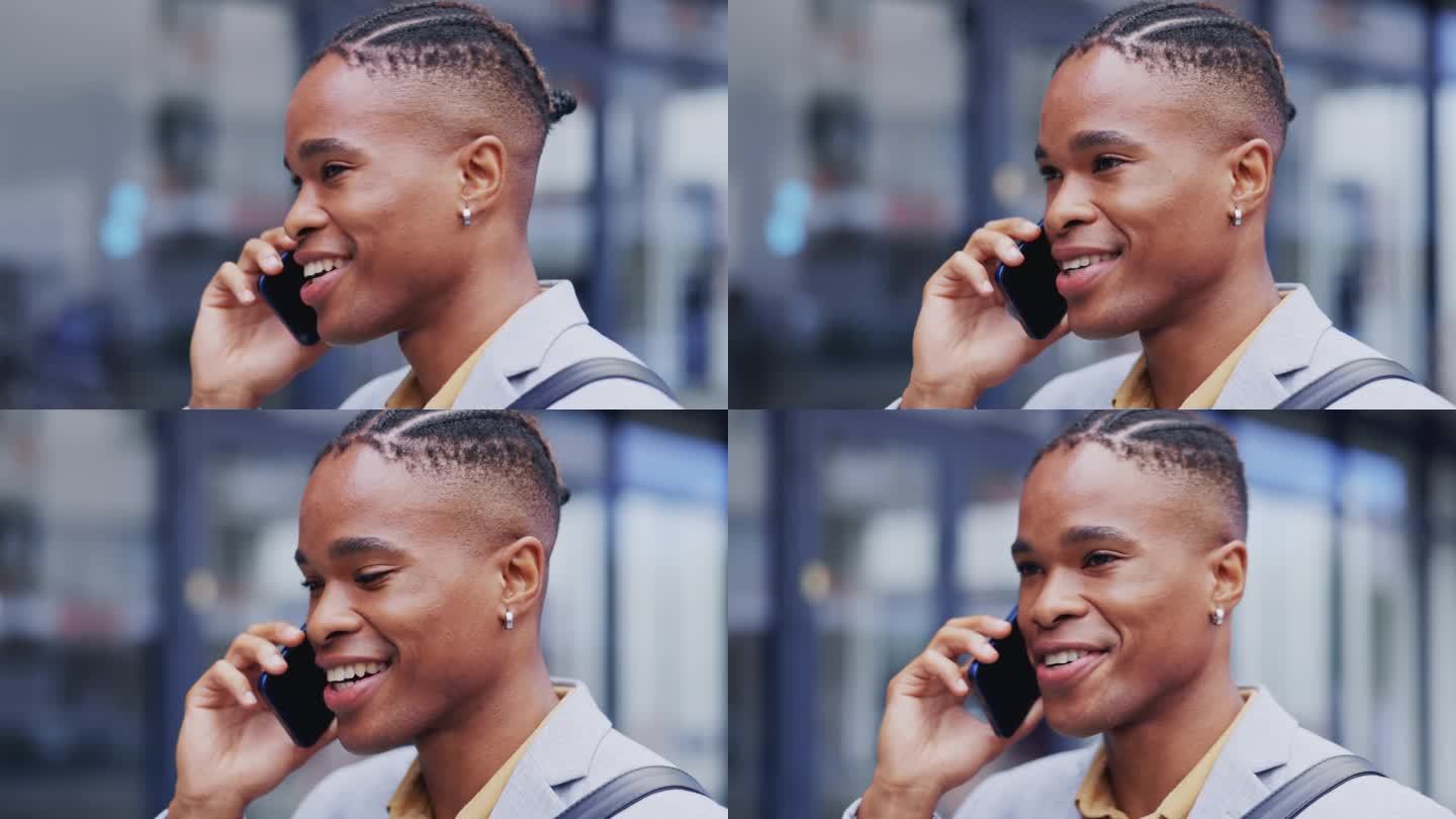 电话沟通，笑脸与黑人交往，聊天或咨询业务联系。城市讨论，智能手机和男代理说话，说话或在户外交谈