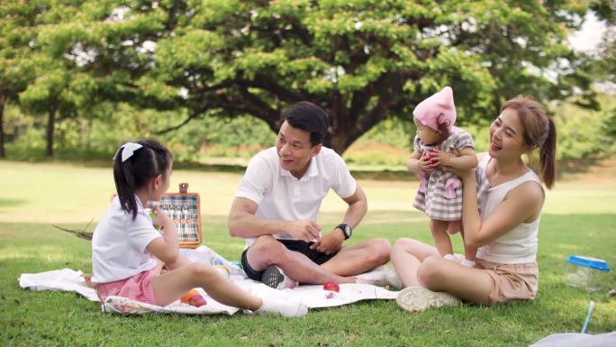 一个快乐的家庭在野餐时和他们的孩子玩耍