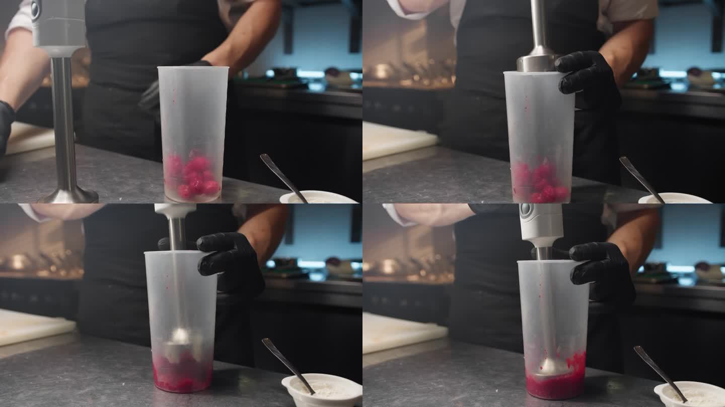 糕点师将树莓慕斯作为甜点放入搅拌机中