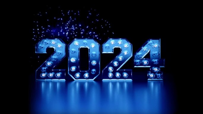 2024年的除夕有蓝色主题的烟花和闪烁的灯光
