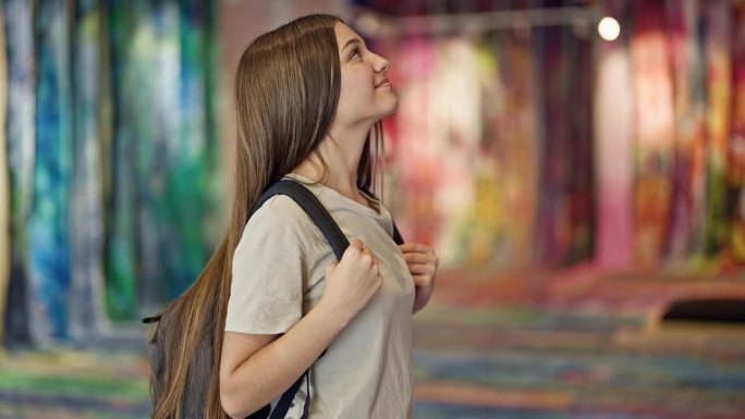 年轻漂亮的女学生背着双肩包，在美术馆里微笑着环顾四周