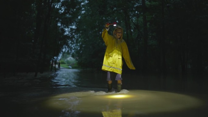 穿着黄色雨衣微笑的小男孩拿着手电筒走在被水淹没的路上