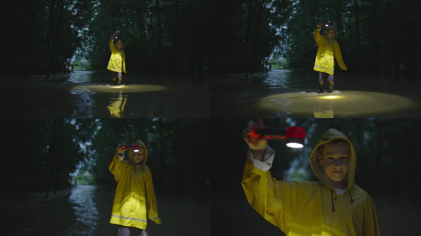 穿着黄色雨衣微笑的小男孩拿着手电筒走在被水淹没的路上