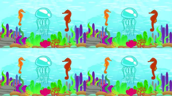 海背景动画与海马，水母，海洋，水。