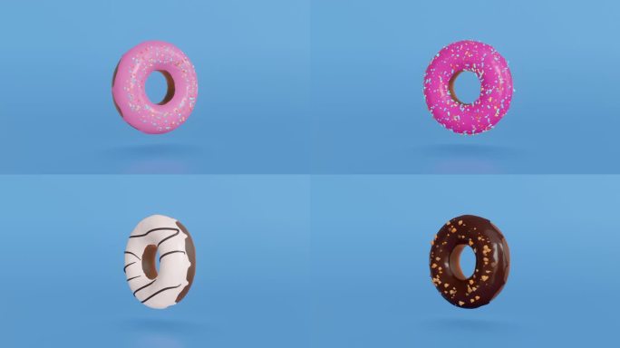 概念不同颜色的甜甜圈在蓝色背景下变化。旋转的甜甜圈