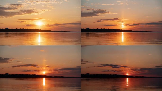 时光流逝，美丽的夕阳在地平线上掠过水面。