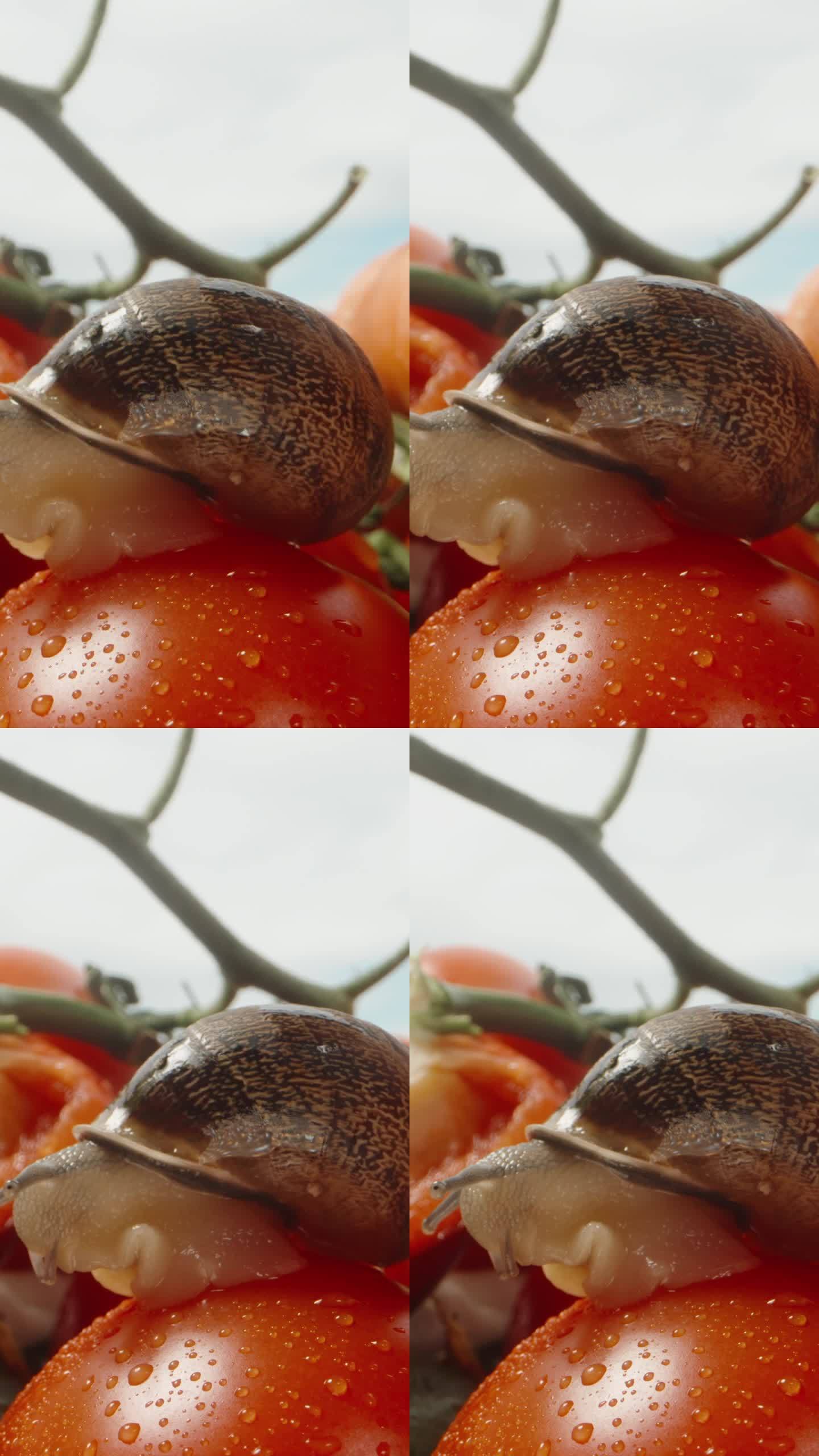 蓝天下散落的蔬菜，蜗牛坐在西红柿上，特写。垂直视频。